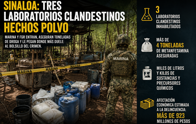 💥 Sinaloa: la Marina tumba tres antros de droga con más de 4 toneladas de metanfeta